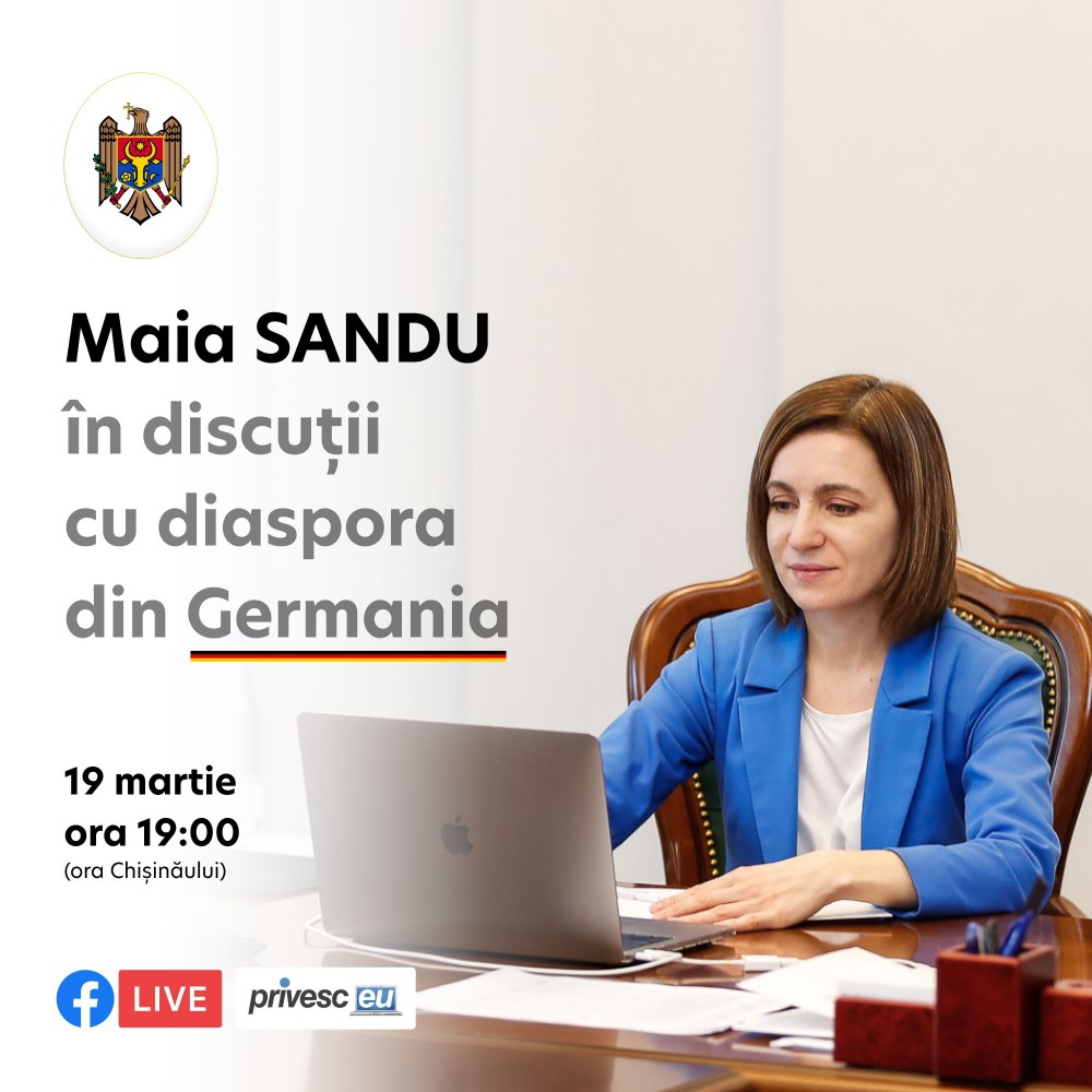 Maia Sandu invită moldovenii stabiliți în Germania la o discuție live